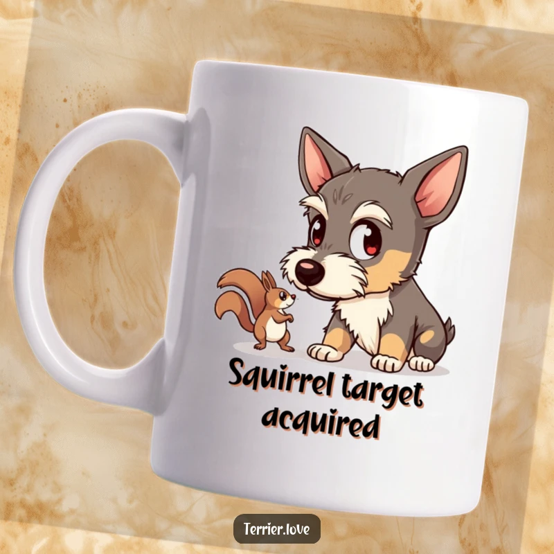 Funny terrier mug depicting wide-eyed dog intently watching a scurrying squirrel, capturing intense focus and playful hunting instincts.