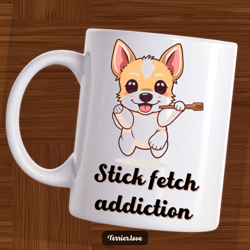 Funny Terrier Stick Leap Mug: A dog with happy eyes joyfully leaps for a thrown stick during fetch.