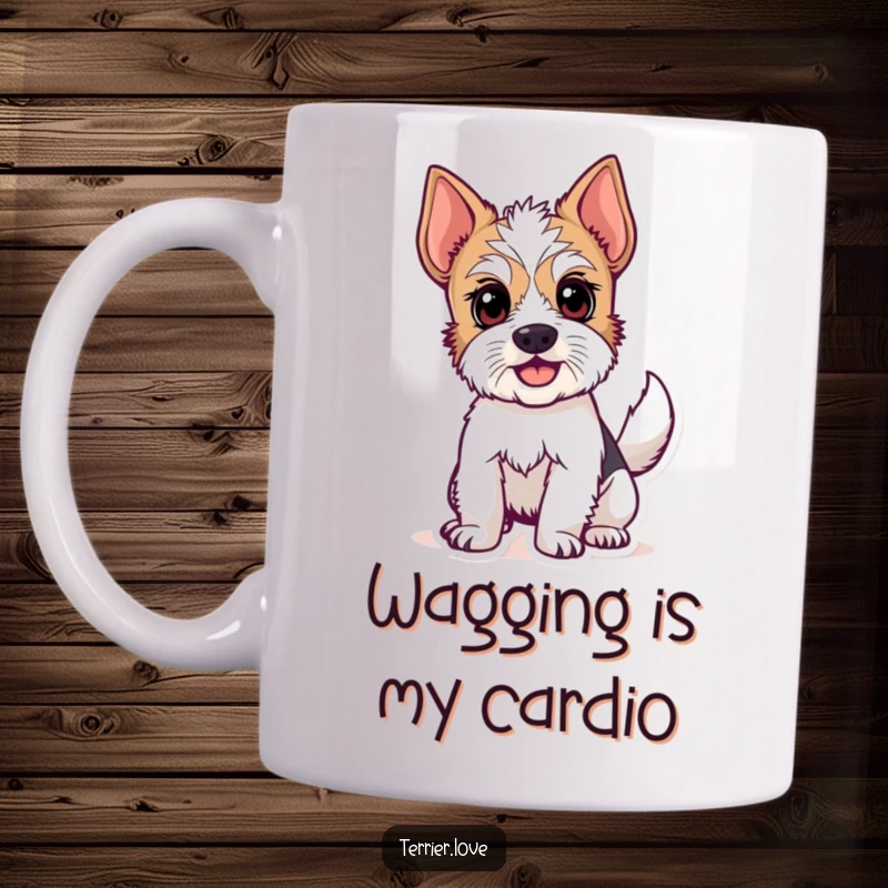 Funny mug with a terrier dog whose alert eyes and wagging tail show pure excitement. A delightful gift for any dog lover.