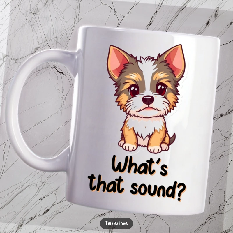 Funny Terrier mug showing a curious dog with its head cocked to the side and ears perked up, indicating attentive listening and playful intrigue.