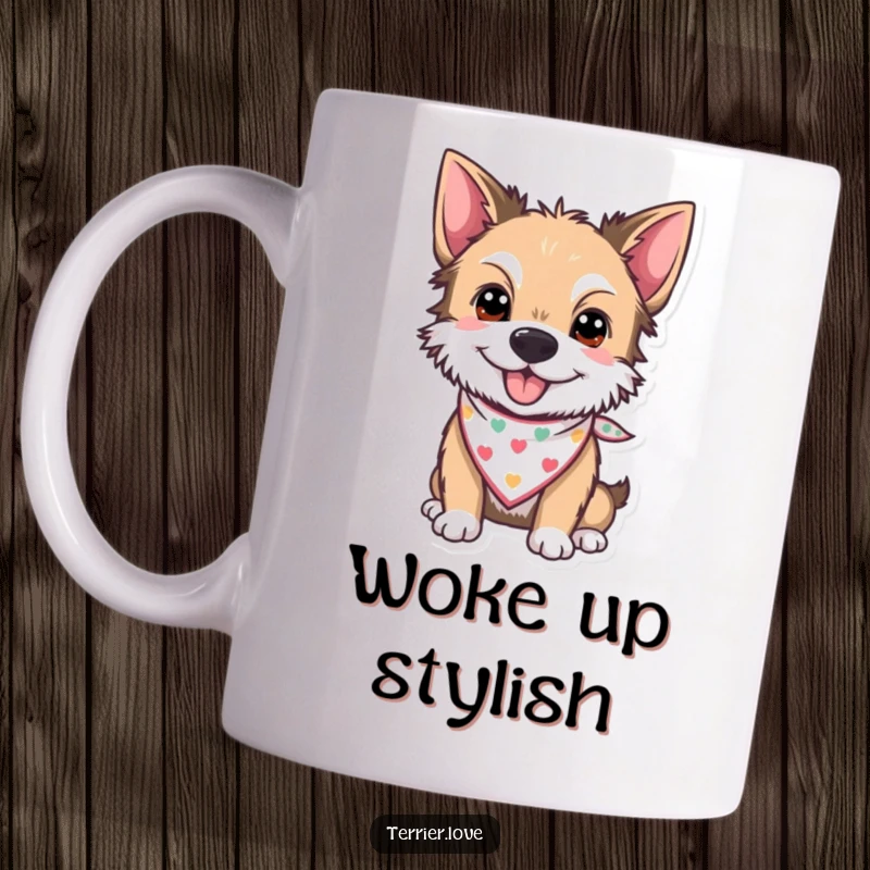 Funny Mug showcasing a cheerful terrier with a tiny, colorful bandana around its neck, looking stylish and happy.