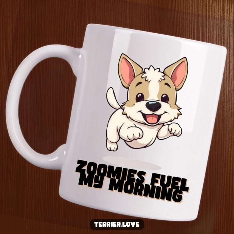 Funny cheerful terrier mug, joyfully wagging tail while running, energetic and happy dog artwork, perfect gift.