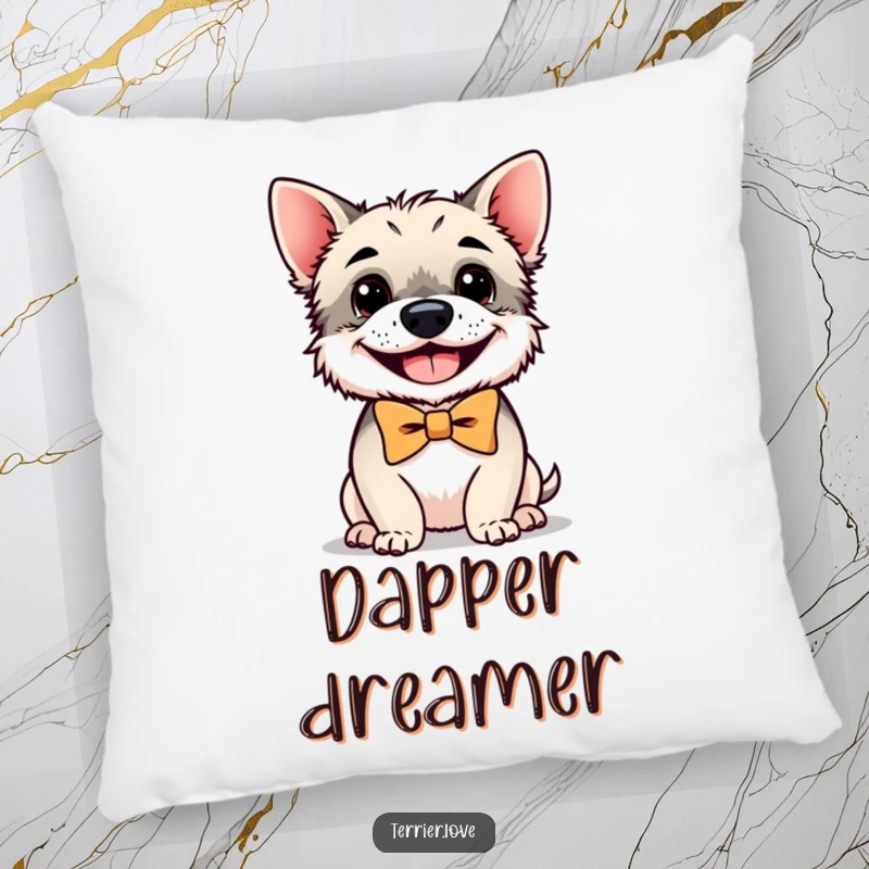 Funny terrier pillow featuring a small, happy dog in a bowtie, perfect for adding comfort and a touch of class.