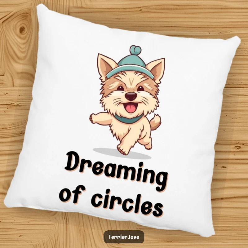 Funny Terrier pillow design with a silly dog wearing a hat, chasing its tail enthusiastically, embodying pure joy and comical movement.