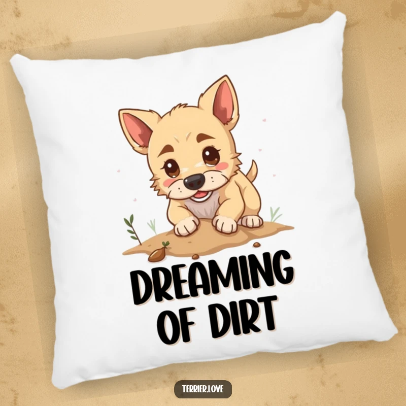 Funny pillow decorated with a determined terrier dog digging playfully, offering comfort and a chuckle for any living space.