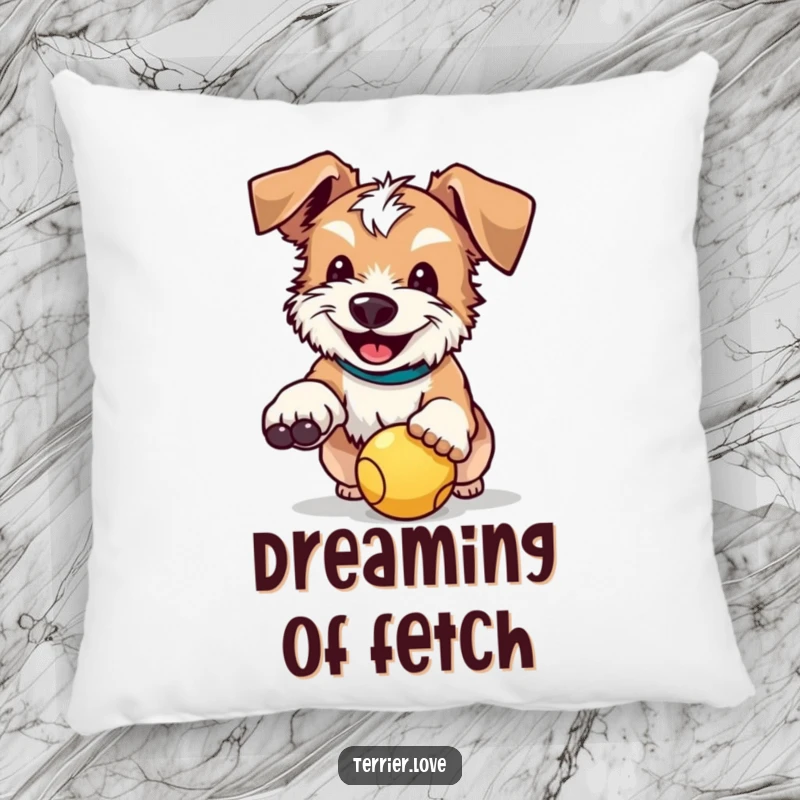 Funny pillow showcasing a happy terrier with floppy ears, looking thrilled as it catches a ball mid-flight.