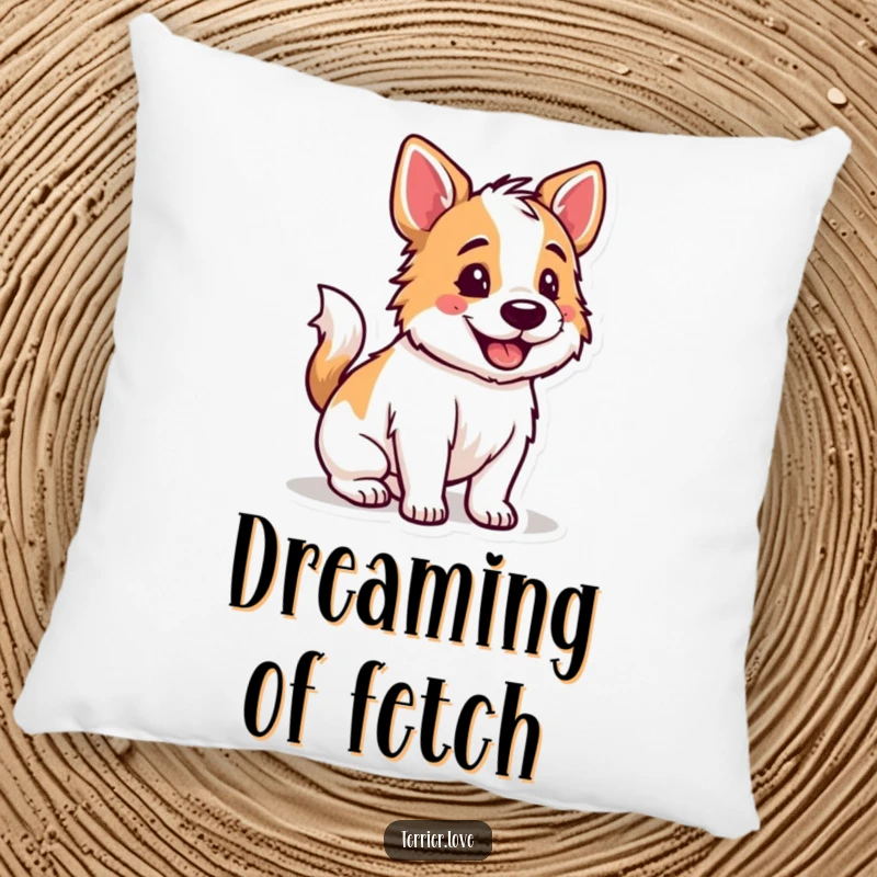 Funny Terrier pillow with a happy dog whose tail is wagging, ready for games, a fun decorative cushion.