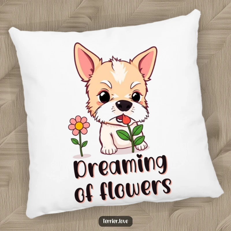 Funny Pillow: A curious terrier dog sniffing a stylized flower icon with interest, perfect for adding a touch of nature.