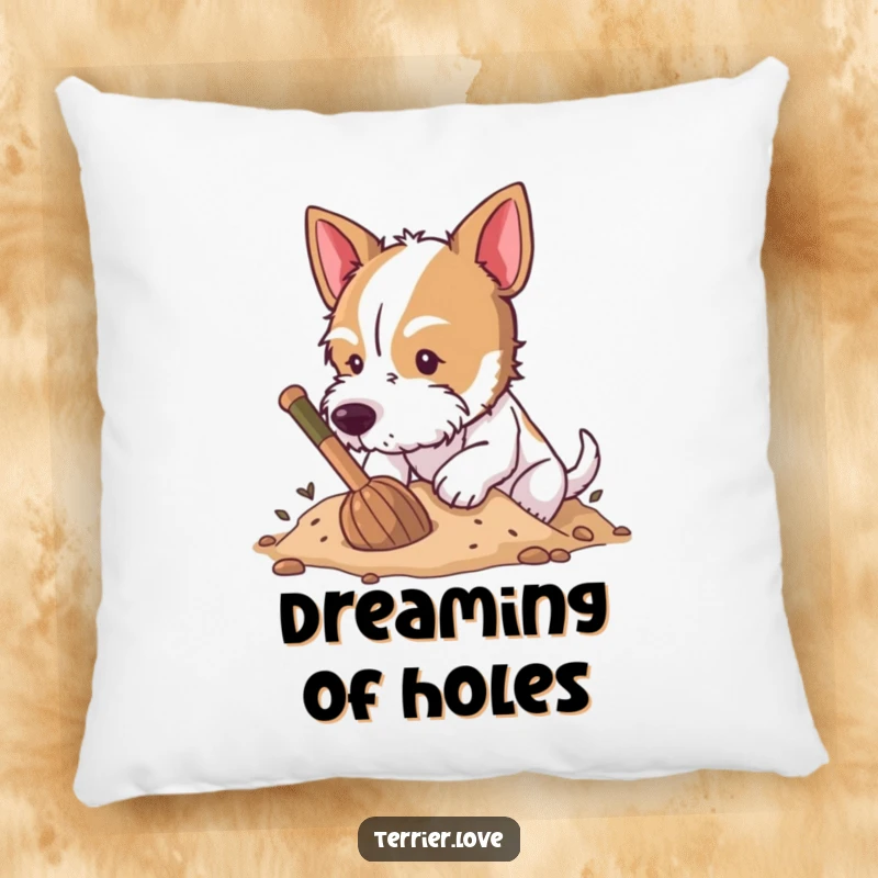 Funny Pillow featuring a happy terrier enthusiastically digging in soft earth, looking joyfully messy.
