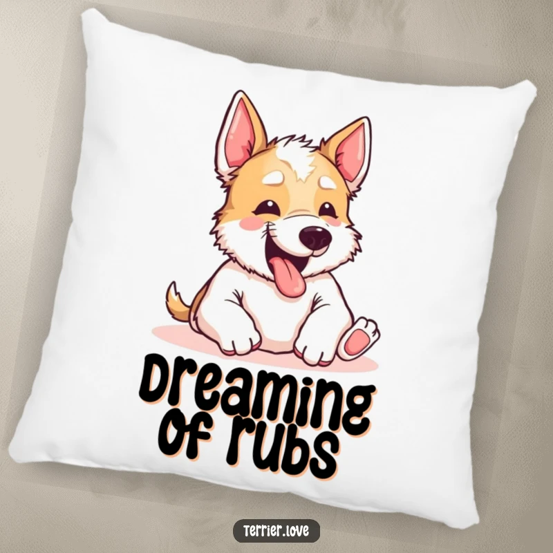 Funny Terrier Pillow: A heartwarming terrier yipping with pure joy, eyes sparkling, begging for a satisfying belly rub. Soft and cute.