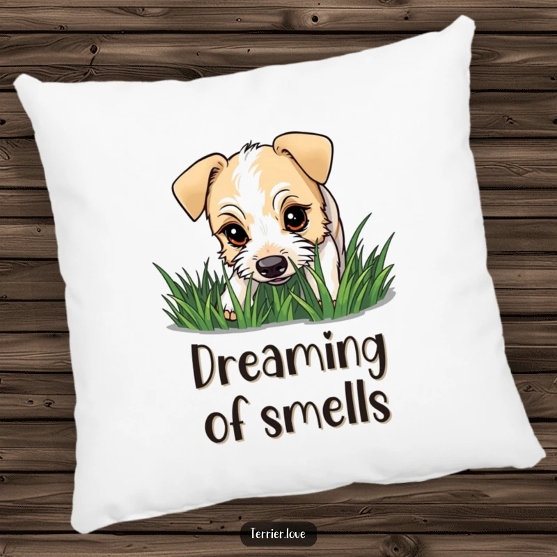 Funny terrier pillow showing a dog with a curious gaze sniffing grass, offering soft comfort and a touch of humor.