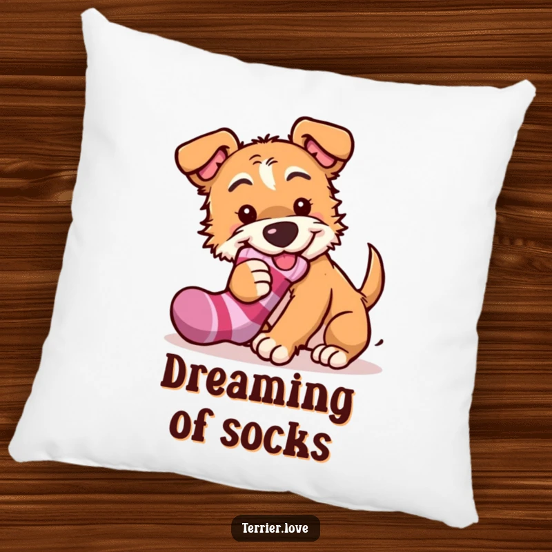 Funny terrier pillow featuring a mischievous dog stealing a sock, providing comfort and a humorous decorative touch for living spaces.