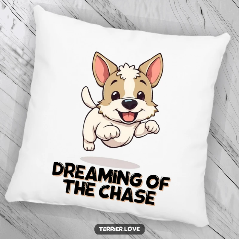 Funny cheerful running terrier pillow, happy dog wagging tail, energetic canine illustration, comfy home decor, perfect present.