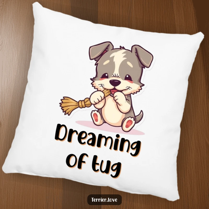 Funny Pillow with a terrier playing tug-of-war with a rope toy, a soft and humorous accent piece.