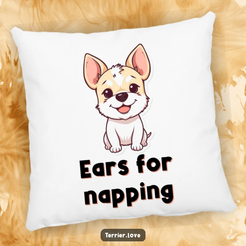Funny Pillow featuring a smiling terrier with its sweet floppy ears perked up, offering comfort and a cheerful addition to any seating.