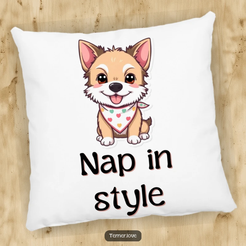 Funny Pillow featuring a cheerful terrier with a tiny bandana, adding a touch of style and humor to any room.