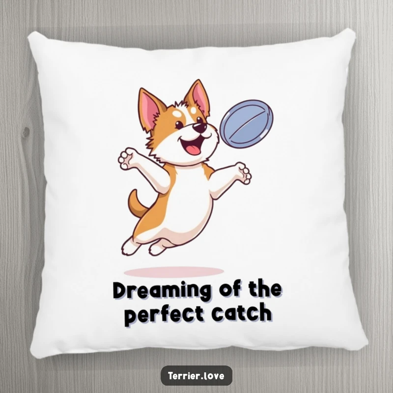 Funny terrier pillow depicting a bouncy dog in mid-air, joyfully leaping to catch a flying disc.