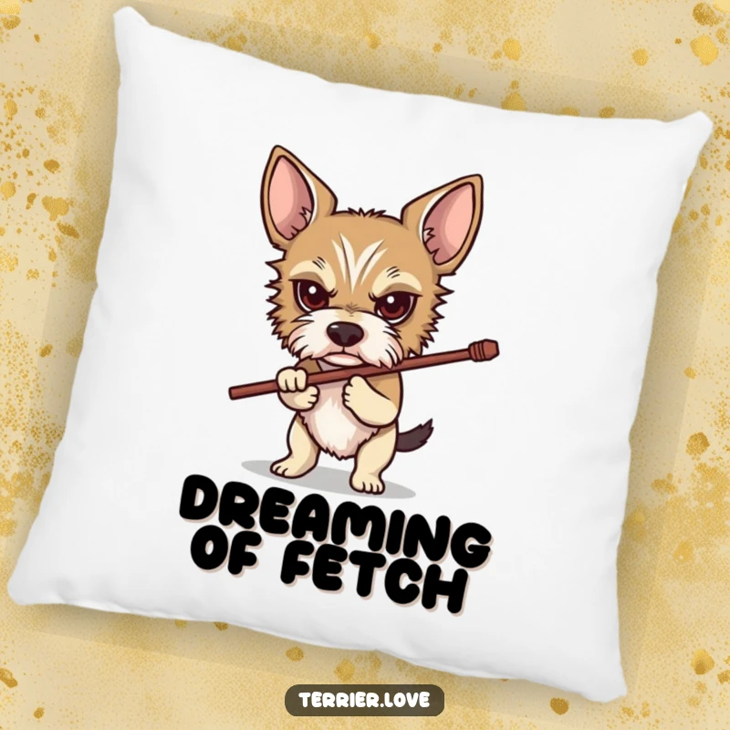 Funny Determined Terrier Pillow: A soft cushion featuring a focused terrier gripping a stick, bringing humor and a sense of mission to any room.