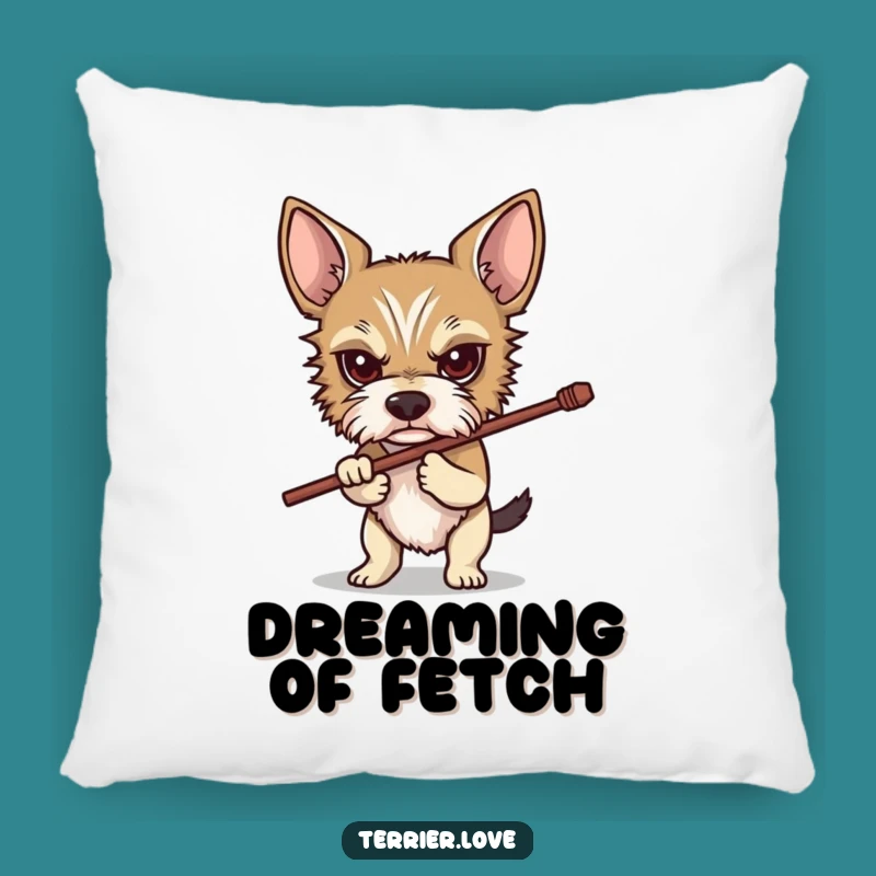 Funny Determined Terrier Pillow: Stick-Carrying Dog Cushion, Adorable Humorous Gift!