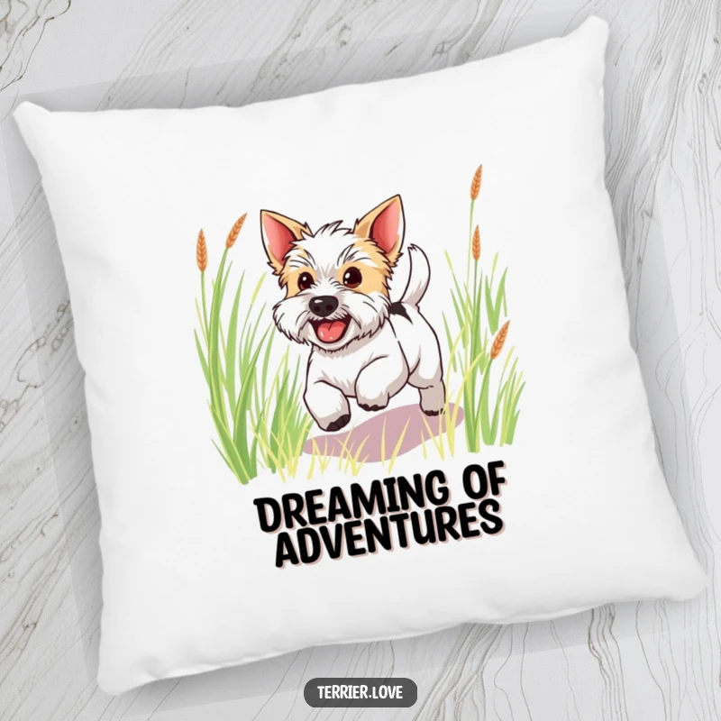 Funny happy terrier pillow showing a dog joyfully bounding through tall grass with its tail wagging, soft and humorous.