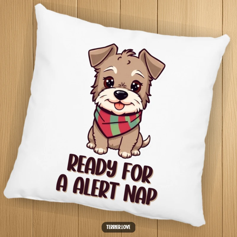 Funny terrier pillow showing a happy, alert dog wearing a small scarf, perfect for adding cozy charm.