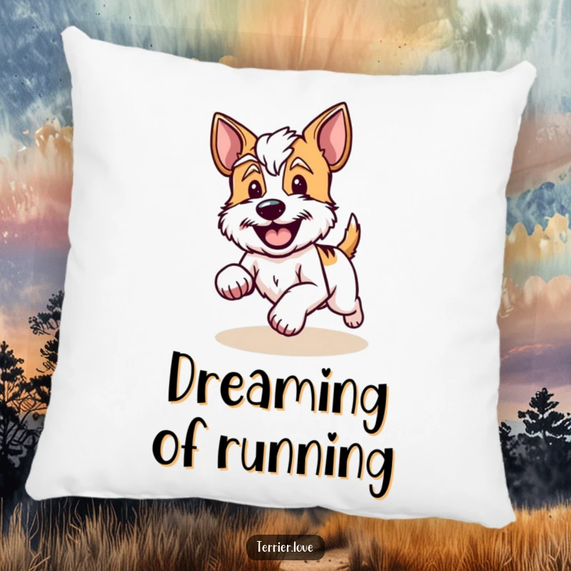 Funny Pillow featuring a happy terrier running with its tail wagging, radiating pure joy and excitement.
