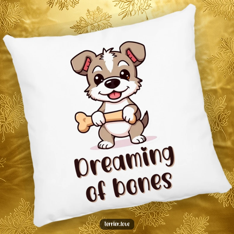 Funny Proud Terrier Pillow: Soft cushion featuring a proud dog character holding a bone, symbolizing accomplishment.