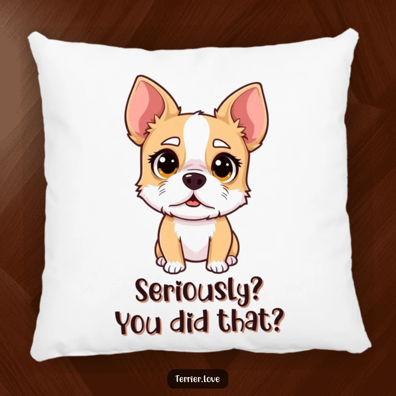 Funny surprised terrier pillow, dog with wide eyes and surprised look, humorous illustration, comfy home decor, perfect present.
