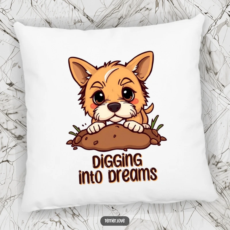 Funny terrier pillow showing a dog digging enthusiastically in the dirt with a determined expression, soft and humorous.
