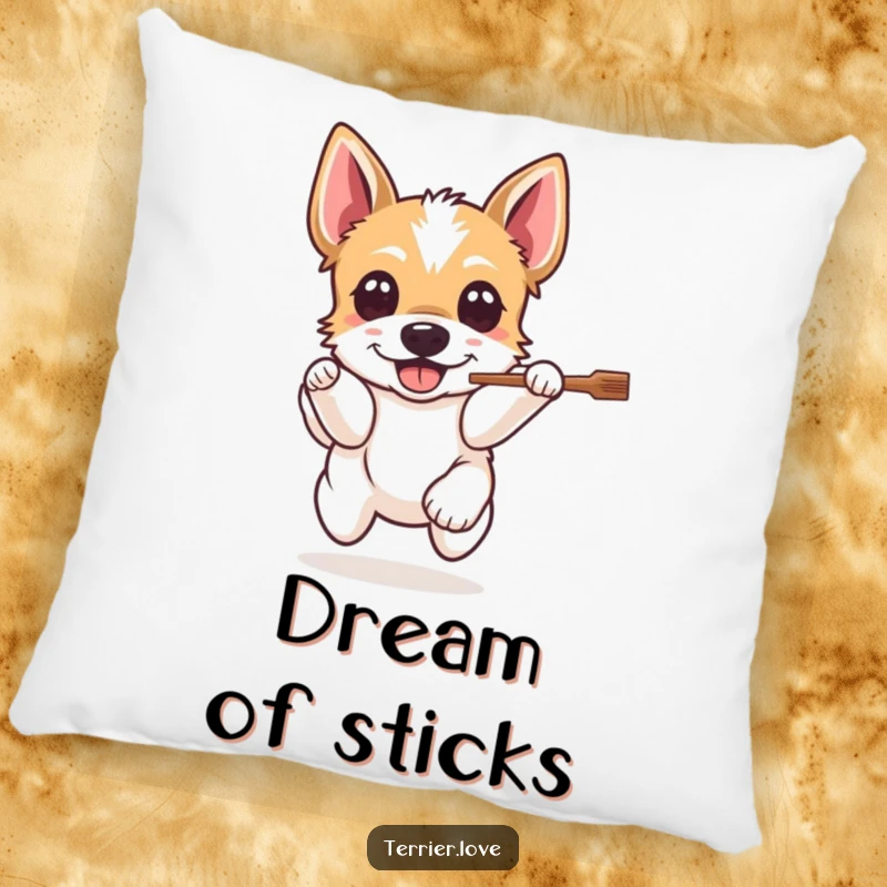 Funny Terrier Pillow: A happy dog leaps for a stick, offering comfort and humor, a delightful gift for fetch lovers.
