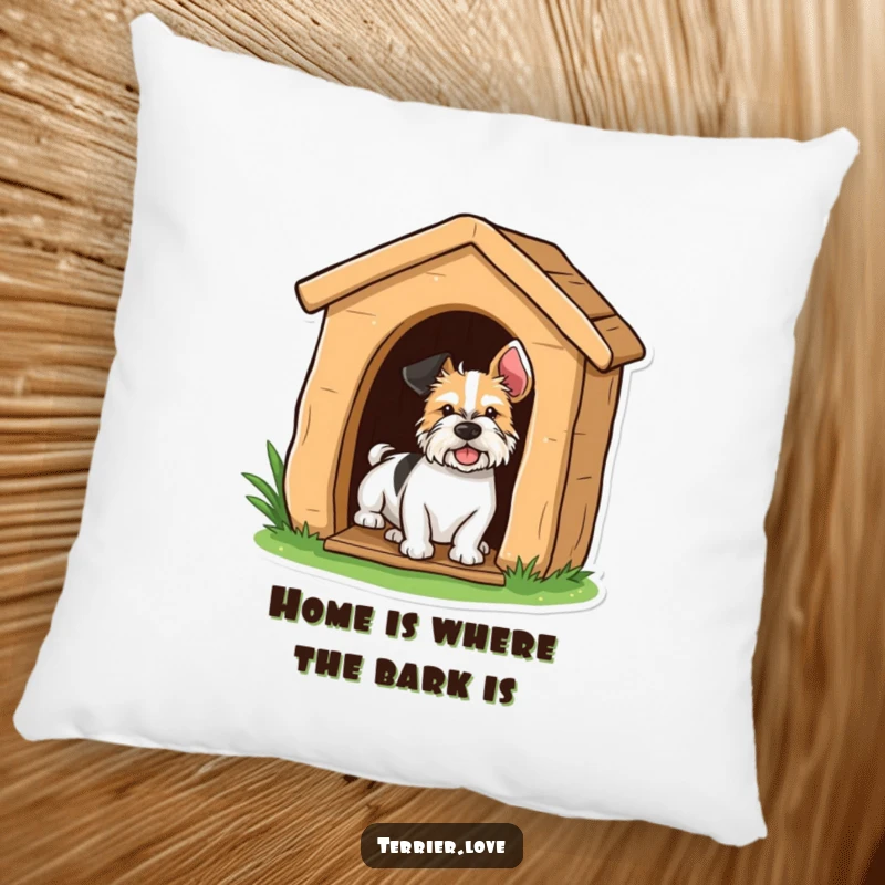 Funny terrier peeking playfully from a doghouse, a humorous and cozy pillow.