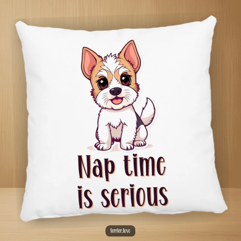 Funny pillow designed with an alert terrier dog joyfully wagging its tail, providing comfort and a smile. A great gift.