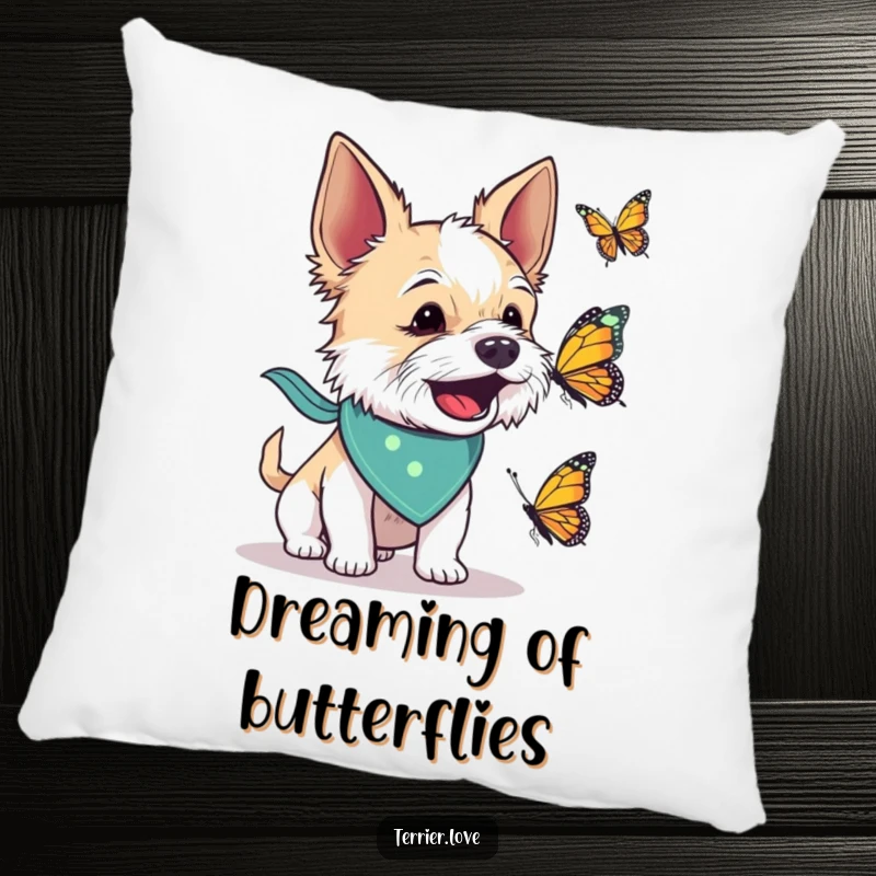 Funny pillow featuring a terrier dog in a bandana energetically barking at a butterfly, offering comfort and a dose of playful humor.