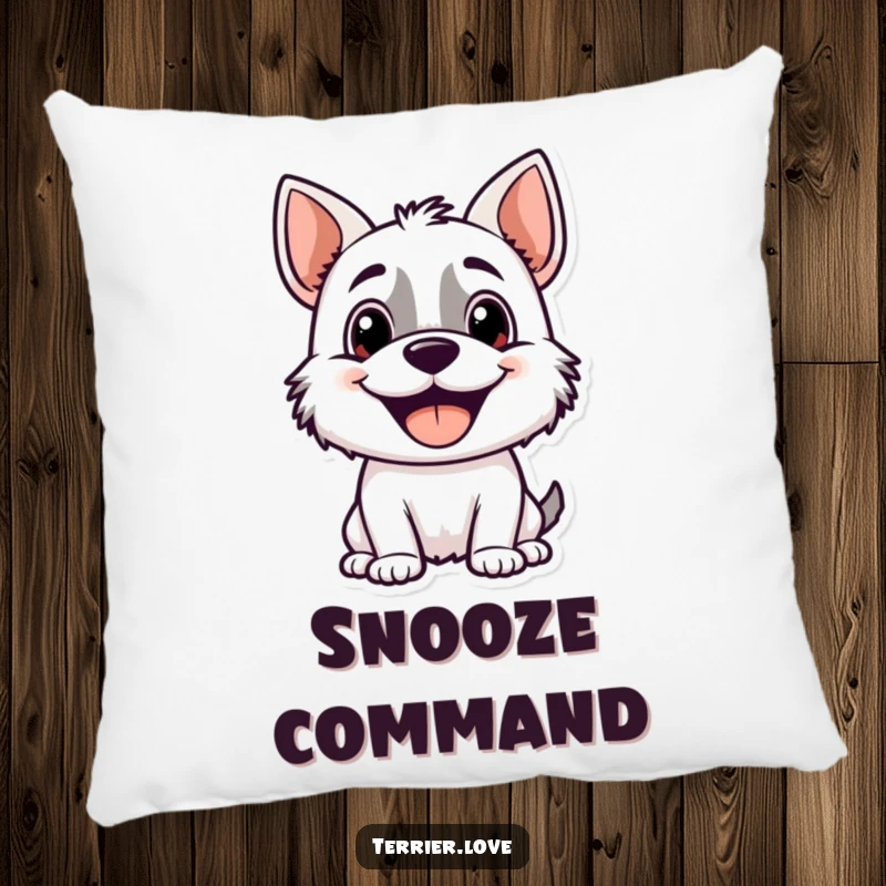 Funny terrier pillow featuring a super happy, panting dog illustration, designed to bring comfort and a smile with its attention-loving display.