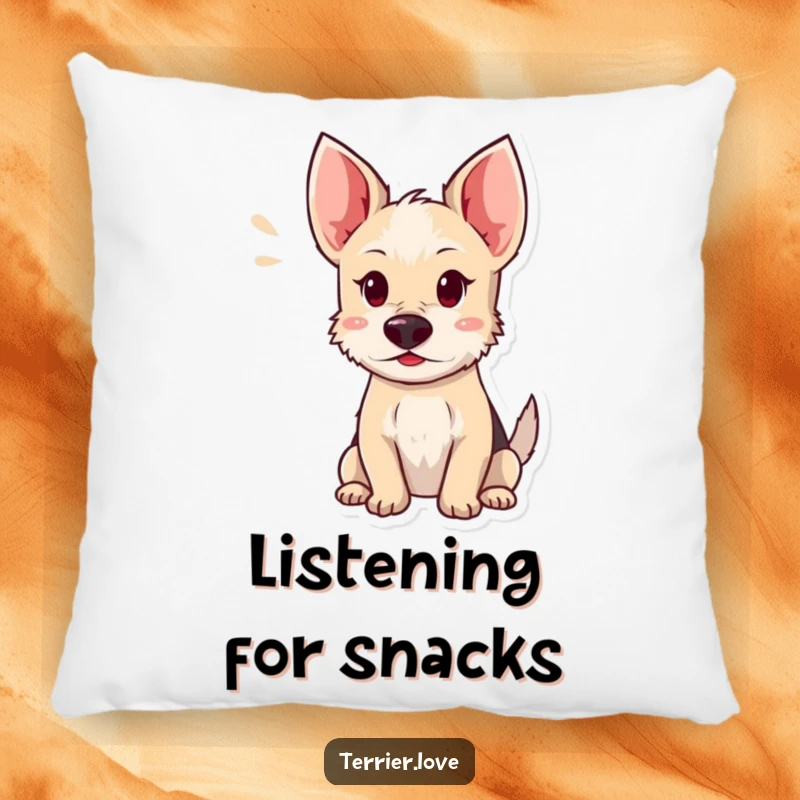 Funny terrier pillow featuring a dog with ears perked high, listening intently, offering plush comfort and a touch of playful alertness.