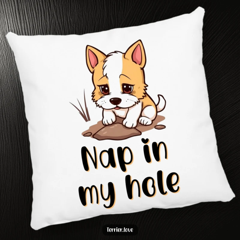 Funny Pillow with a determined terrier digging a small hole, soft and humorous decor for the persistent.