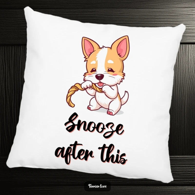 Funny Terrier Pillow: Soft cushion featuring a playful dog character tugging on a rope toy, bringing comfort and fun.