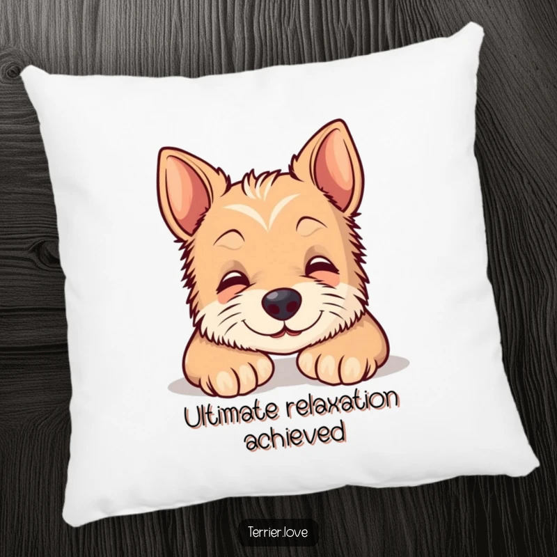 Funny terrier pillow featuring a content smiling dog resting its head on paws, providing comfort and a humorous decorative touch.