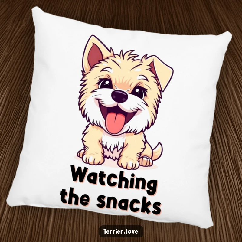 Funny Terrier pillow with a joyful dog whose tongue is out, looking intently at something, a focused decorative cushion.