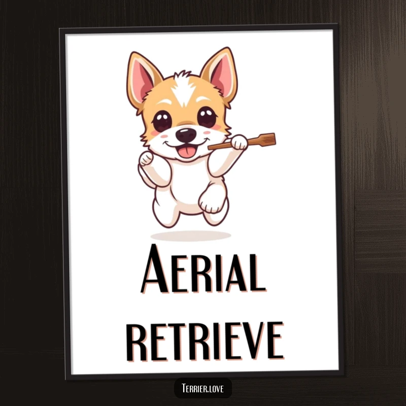 Funny Terrier Digital Art Print: A happy dog leaps for a stick, bringing energetic humor and the joy of fetch to any space.