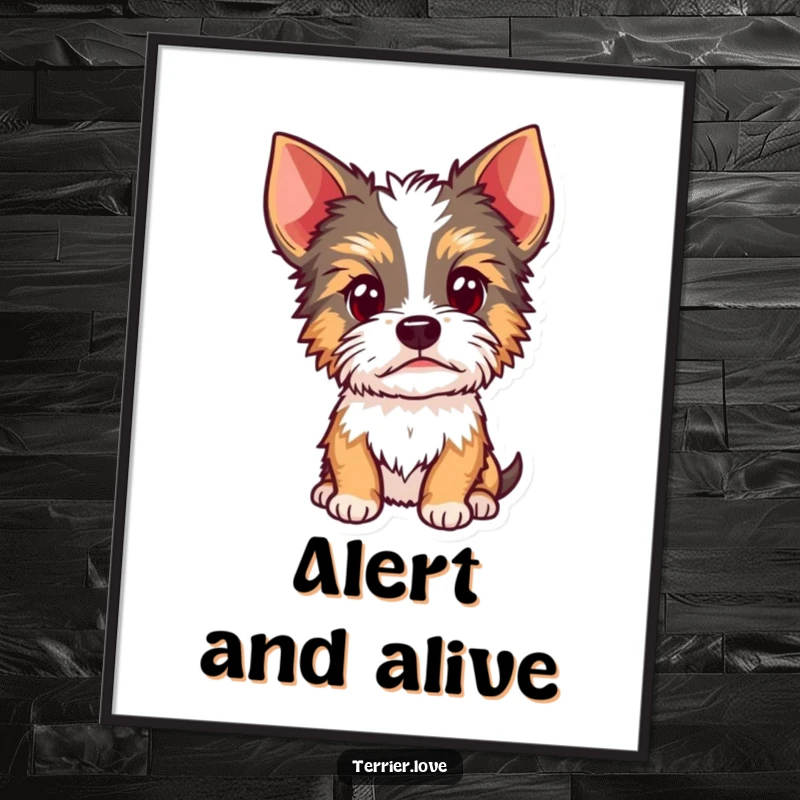 Funny Terrier digital art print of a curious dog with its head tilted and ears alert, conveying focus, attentiveness, and playful engagement.