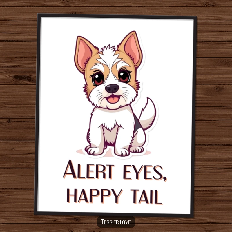 Funny digital art print illustrating an alert terrier dog with its tail wagging enthusiastically, full of life. A perfect gift.