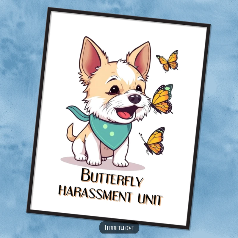 Funny digital art print of a terrier dog wearing a bandana energetically barking at a butterfly, bringing instant playful energy to any screen.