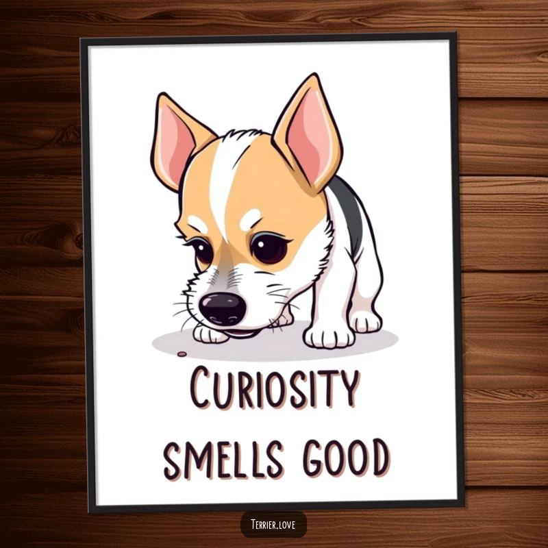 Funny digital art print of a curious terrier intensely sniffing the ground, its focused look conveying deep concentration.