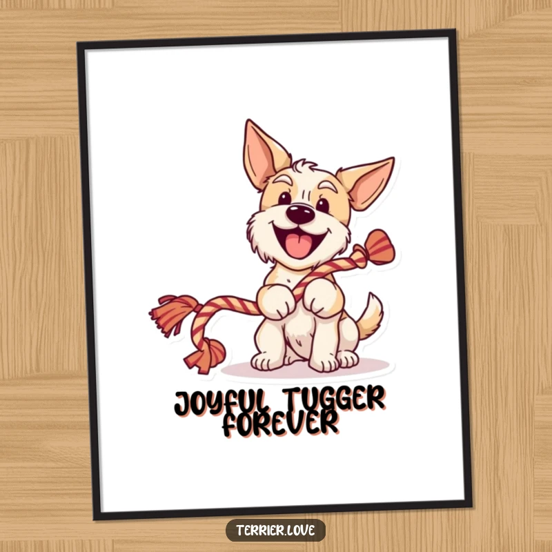Funny terrier digital art print of a cheerful dog wagging its tail and holding a rope toy, bringing instant humor and smiles.
