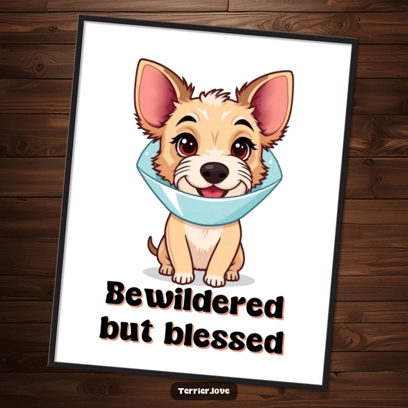 Funny Digital Art Print: A terrier dog wearing a medical cone, looking endearingly bewildered yet happy, perfect for quirky decor.