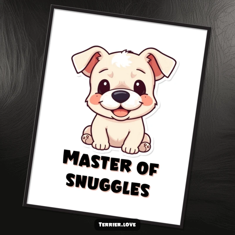 Funny Digital Art Print: A cheerful terrier dog with floppy ears, depicted in a warm and inviting pose, ready for affection.