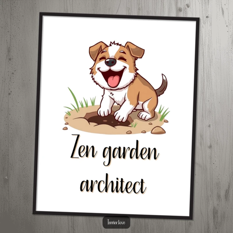 Funny digging terrier digital art, dog digging with intense focus, focused canine illustration, printable wall decor.