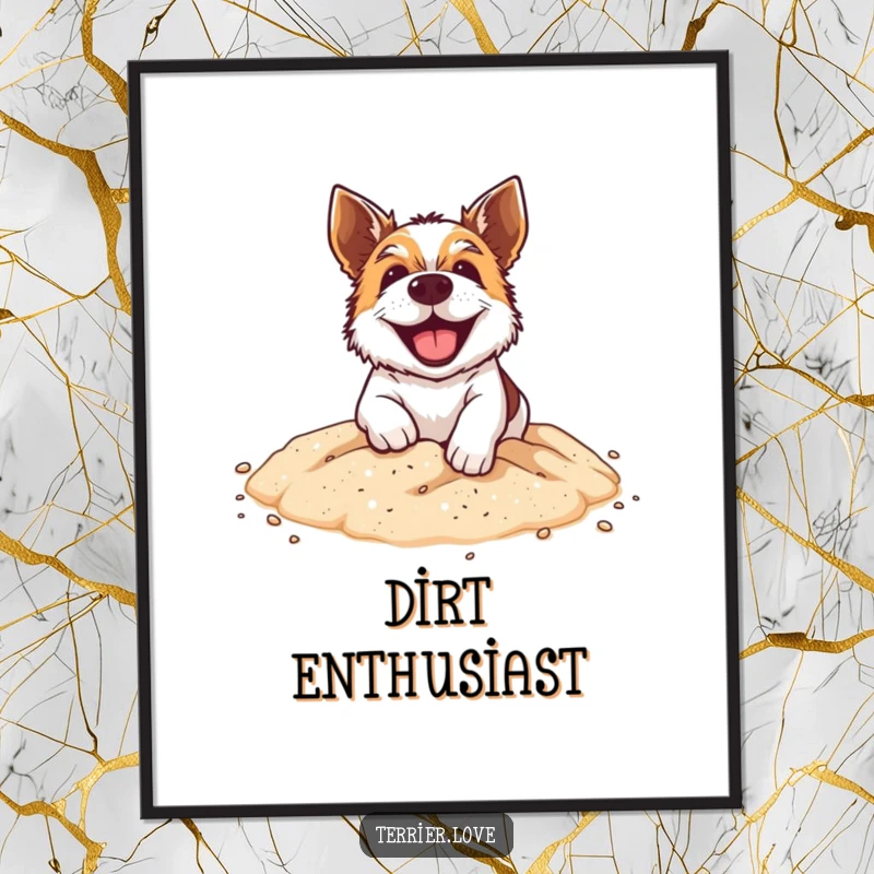 Funny Digital Art Print: A grinning terrier dog digging energetically in a miniature sandpit, capturing pure, unadulterated fun.