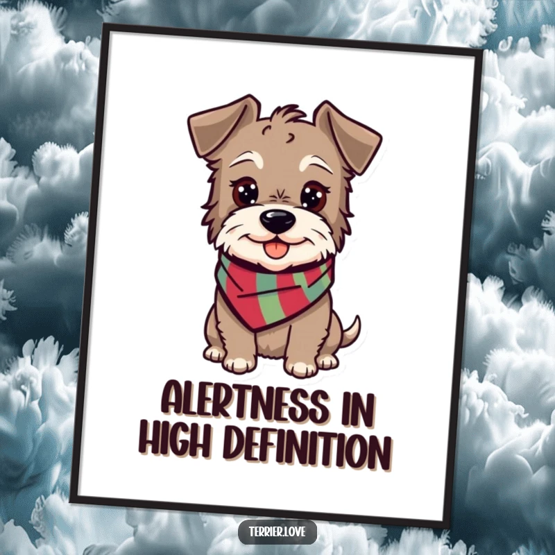 Funny happy terrier digital art print featuring an alert dog in a scarf, radiating cheerful vibes.